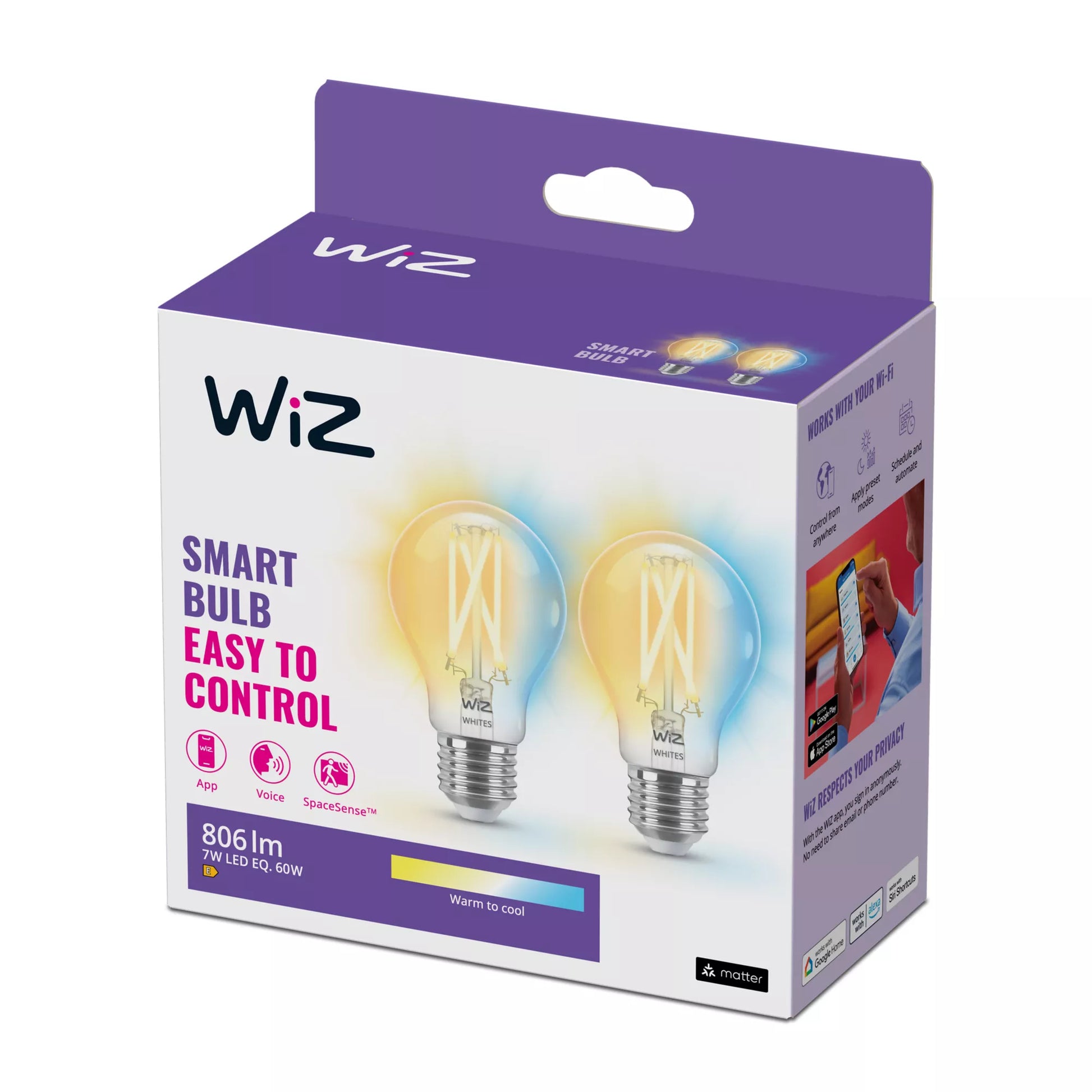WiZ Smart-Leuchtmittel E27 A60 – 2700–6500 K, 806 lm, 7 W, WLAN/Bluetooth – für SmartThings – 2 Stk.