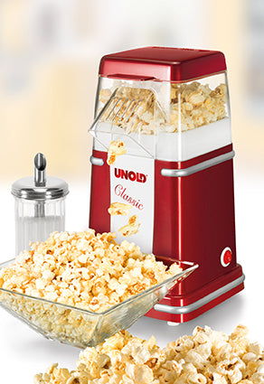 Unold Popcornmaschine Classic 48525 – 100 g, 900 W, Deckel als Messbecher – rot/silber/weiss