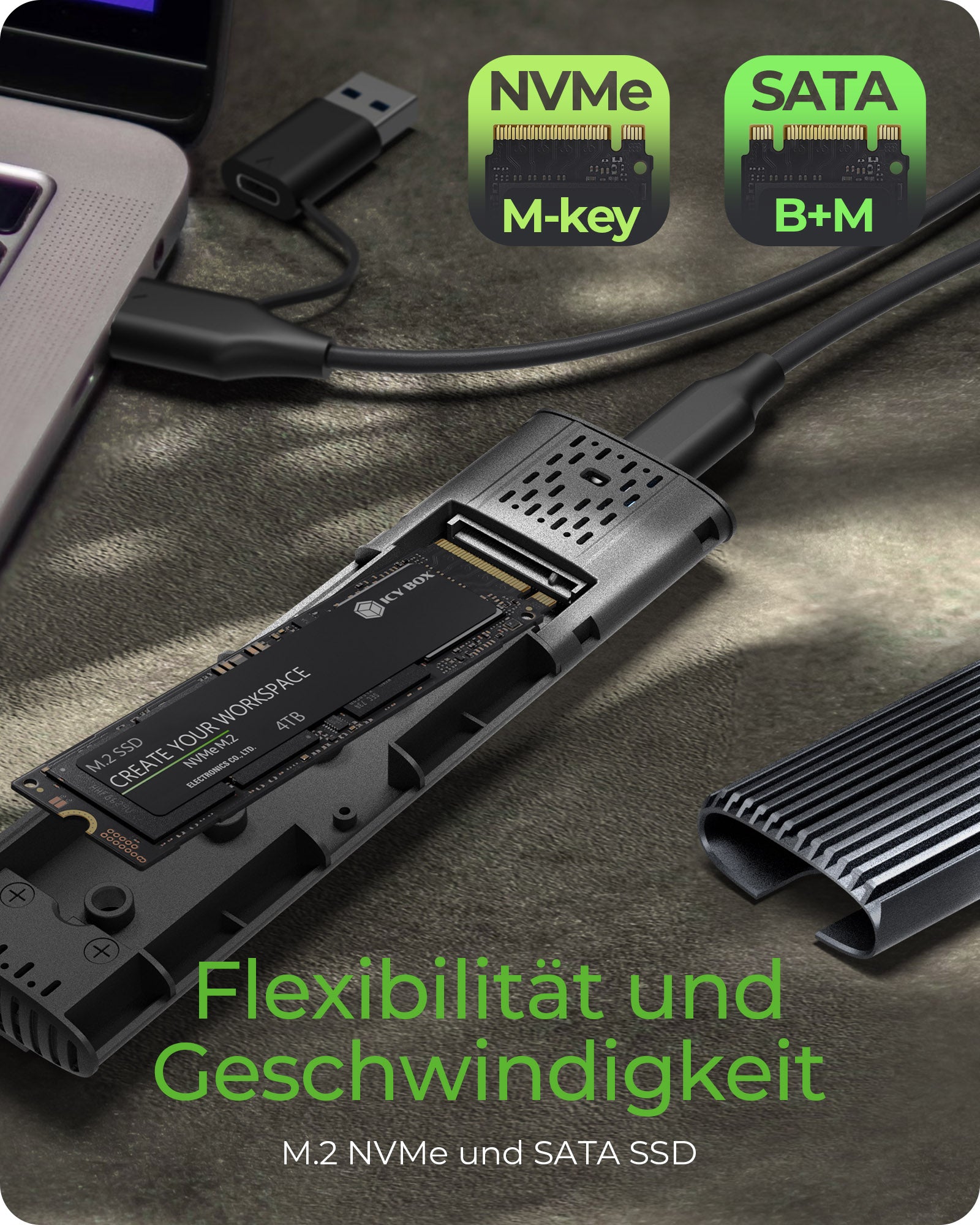 ICY BOX IB-1808MCT-CU31 – 1-Bay M.2 SSD-Gehäuse – NVMe/SATA (PCIe 3.0/SATA III), USB 3.2 Gen 2 (10 Gbit/s)