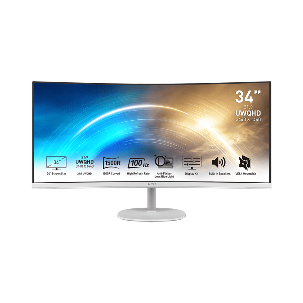MSI PRO MP341CQWDE – Monitor, 34", VA, 100 Hz, 300 cd/m², Gebogen, VESA 100 × 100, Weiss
