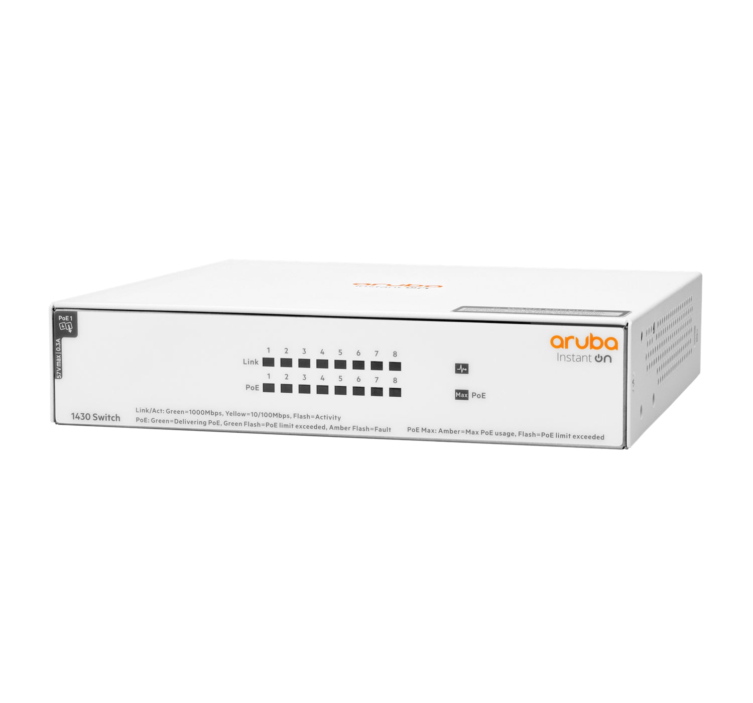HPE Aruba Networking Instant On 1430 – Unmanaged L2 Switch – 8× 1G, PoE (Klasse 4), PoE-Budget 64 W