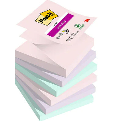 Post-it Super Sticky Haftnotizen – 76×76 mm – sortiert (rosa, flieder, mint), 6×90 Blatt, Z-Faltung, PEFC