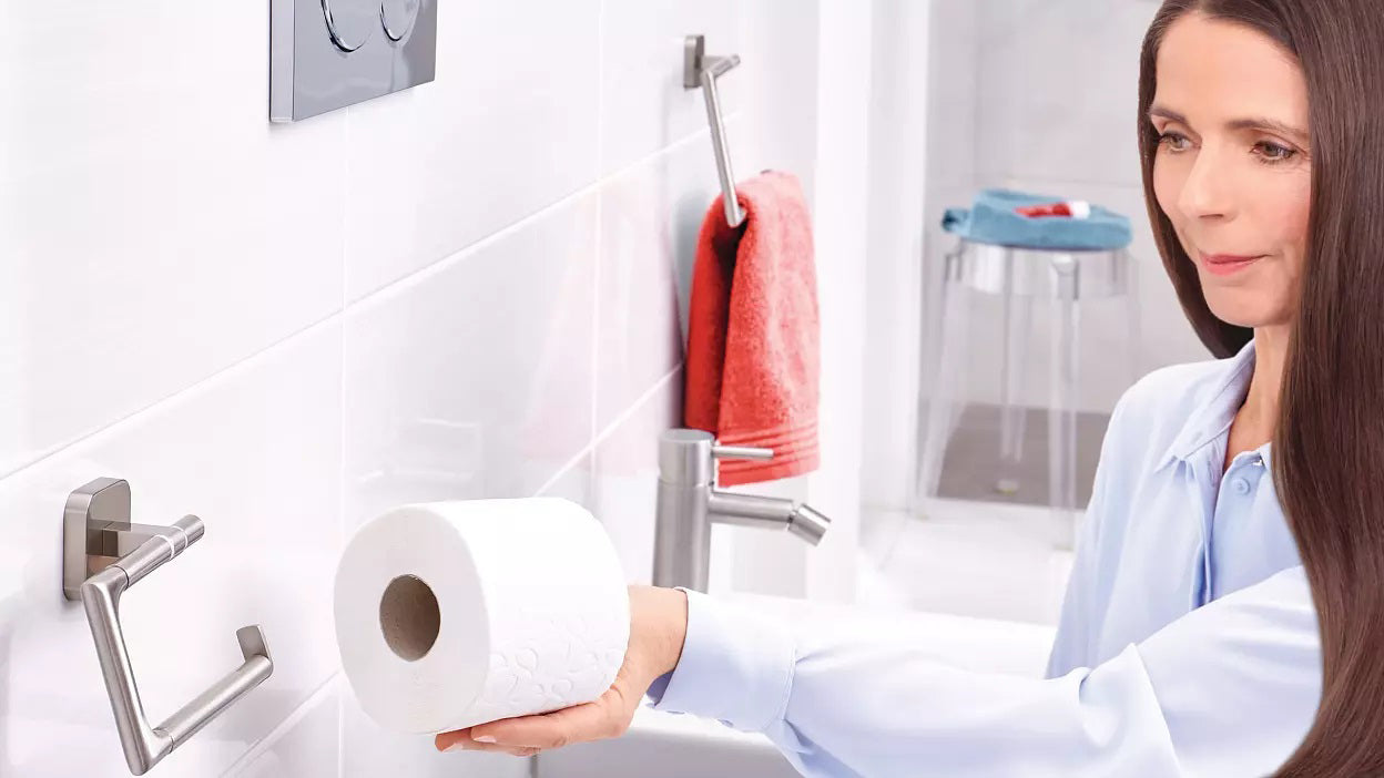 TESA Toilettenpapierhalter – Metall, Silber, selbstklebend, B 13,2 × H 9,9 cm