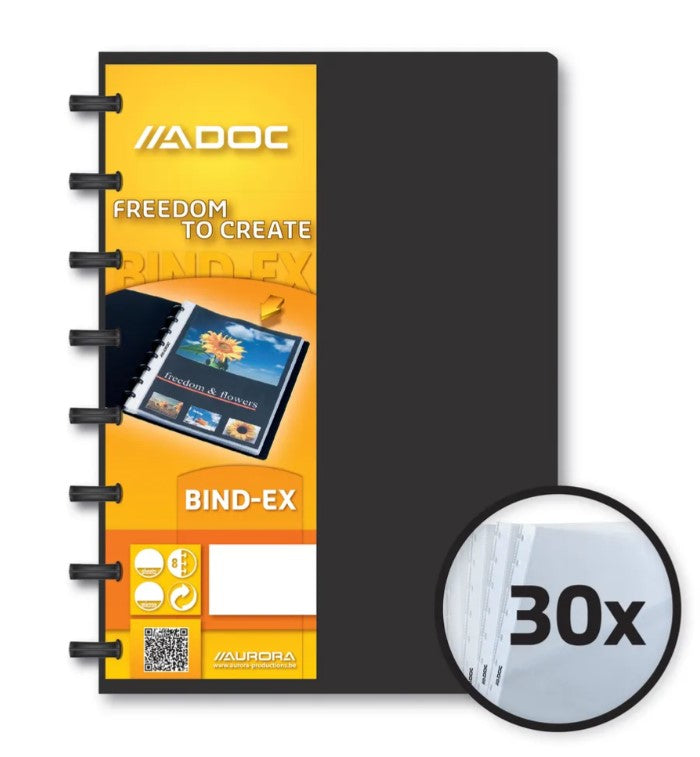 Adoc Bind-Ex Aurora Sichtbuch – 30 Sichttaschen, A5, austauschbar, genarbt, antireflex, schwarz, Kunststoff