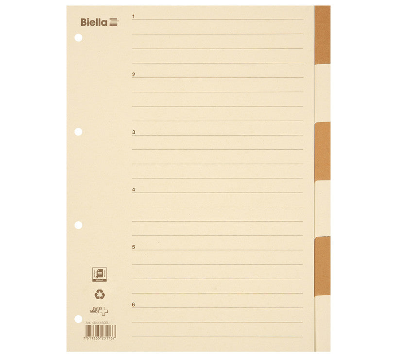 Biella Register – A4, 6-teilig, Karton, braun/beige, unbedruckt, mit Indexblatt, 11-fach Lochung
