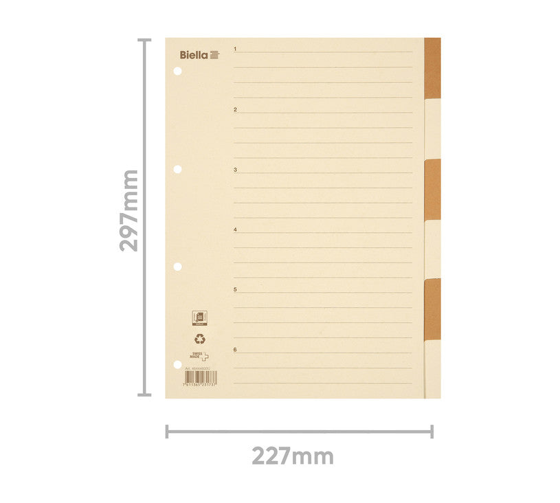 Biella Register – A4, 6-teilig, Karton, braun/beige, unbedruckt, mit Indexblatt, 11-fach Lochung