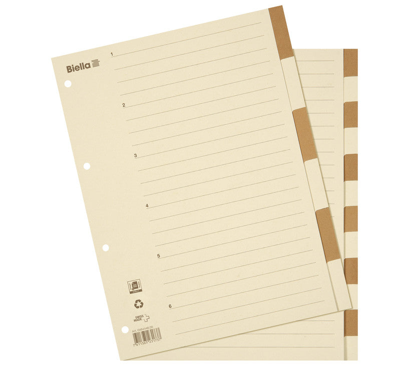 Biella Register – A4, 6-teilig, Karton, braun/beige, unbedruckt, mit Indexblatt, 11-fach Lochung
