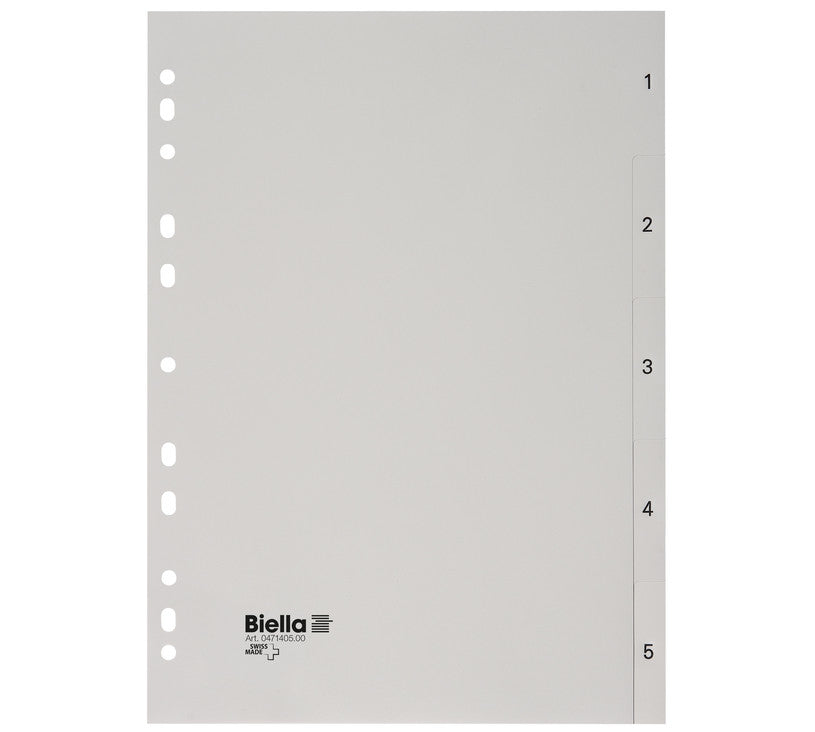 Biella Register – A4, 5-teilig, Kunststoff, grau, vorgedruckt, mit Indexblatt, 11-fach Lochung