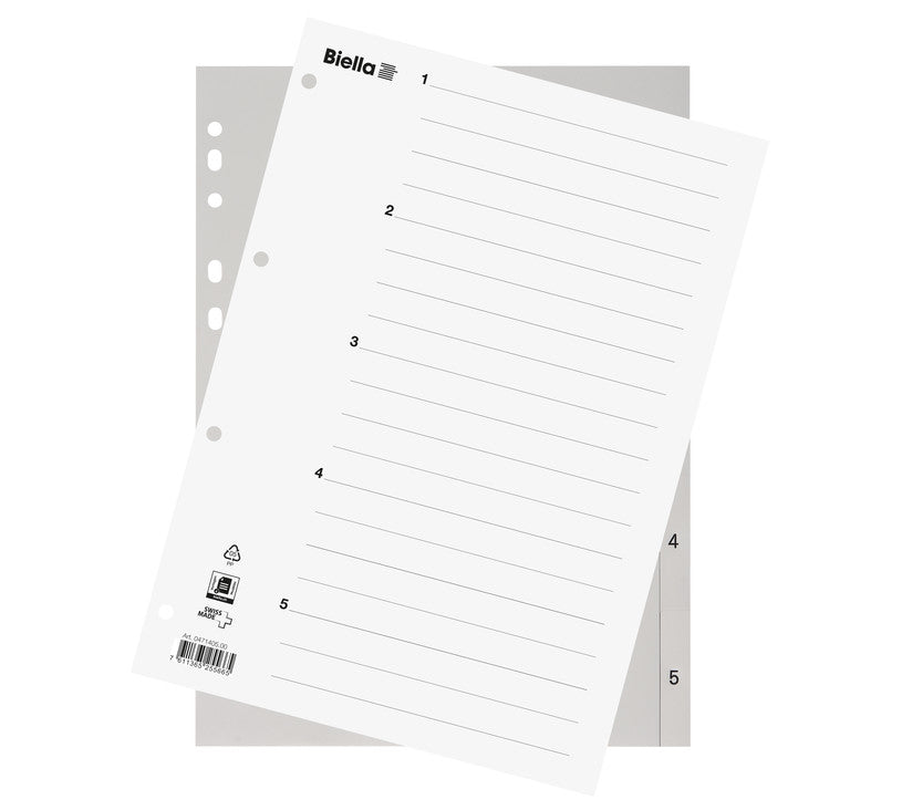Biella Register – A4, 5-teilig, Kunststoff, grau, vorgedruckt, mit Indexblatt, 11-fach Lochung