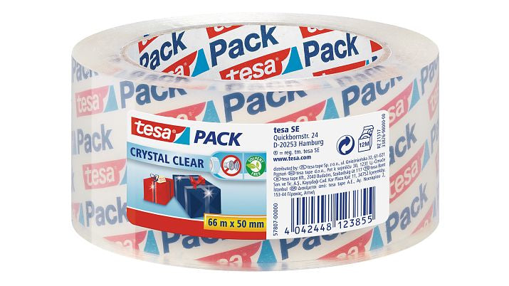 TESA Verpackungsband Crystal Clear – permanent, glatt, Kunststoff, 50 mm × 66 m, Kern Ø 76 mm