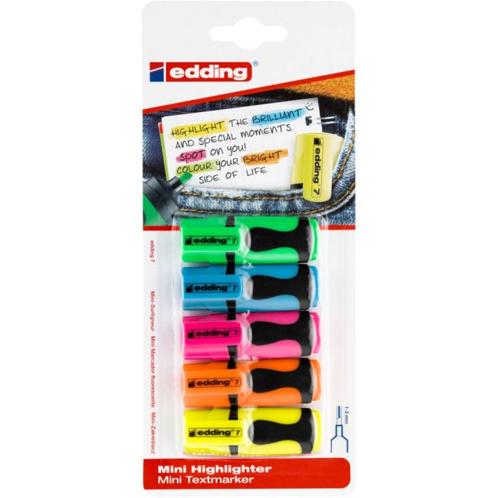 Edding 7 Mini Textmarker – 5er Set, Farben: Blau/Grün/Orange …, Keilspitze 1–3 mm