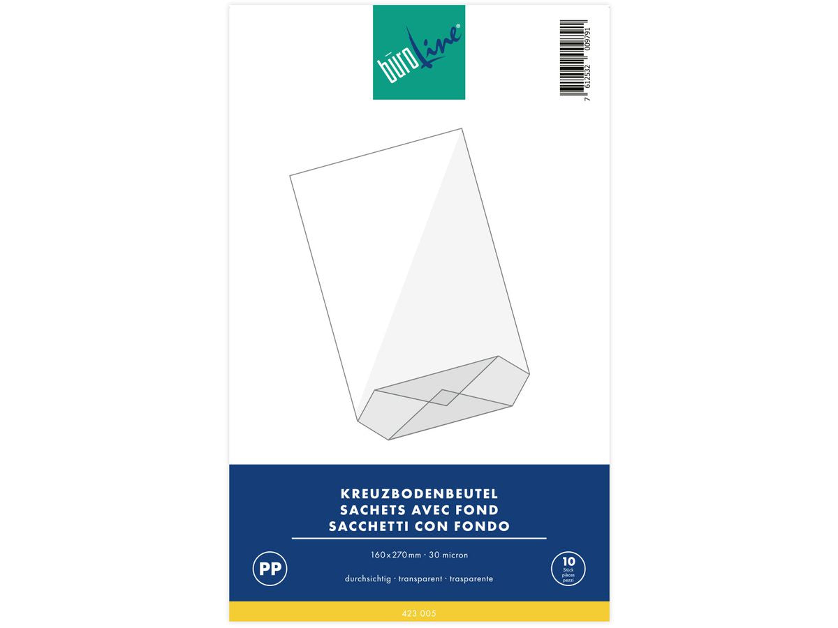 Buroline Beutel – 160 × 270 mm, Kreuzboden, transparent – 10 Stk.