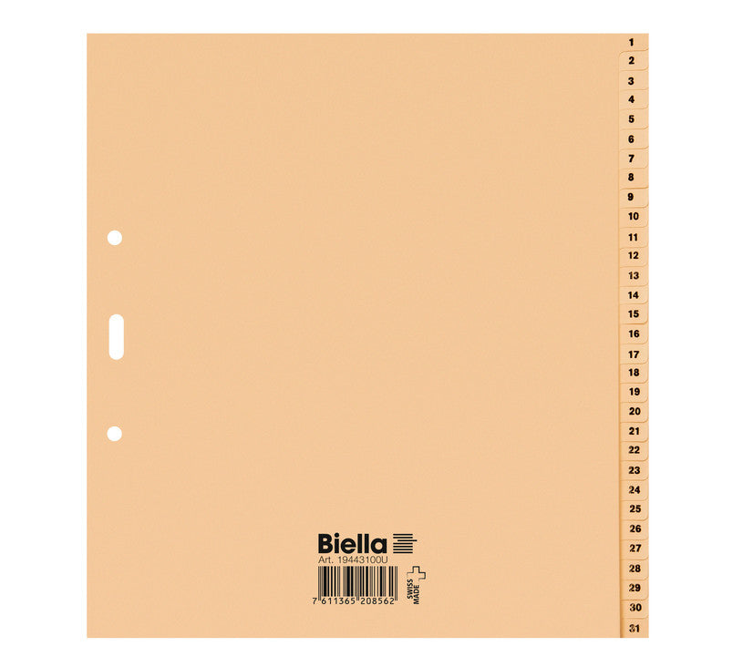Biella Register – A4, 31-teilig, Papier, gelb, vorgedruckt, 11-fach Lochung, für A4