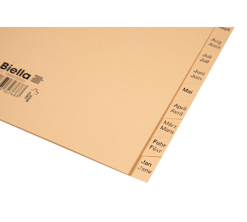 Biella Register – teildeckend, 12-teilig, Papier, braun, vorgedruckt, 2-fach gelocht, für A4 hoch