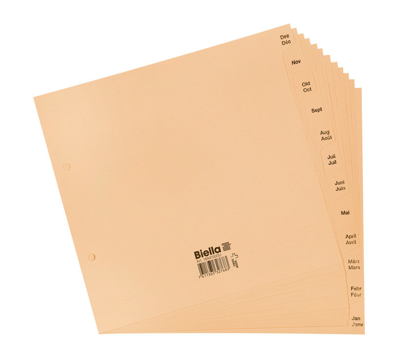 Biella Register – teildeckend, 12-teilig, Papier, braun, vorgedruckt, 2-fach gelocht, für A4 hoch