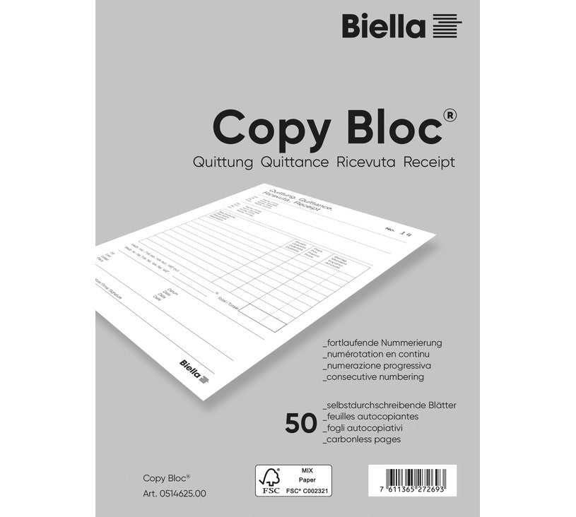Biella Formularblock – Quittungen, mehrsprachig, 50 Blatt, A6