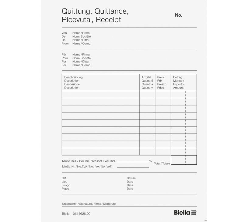 Biella Formularblock – Quittungen, mehrsprachig, 50 Blatt, A6