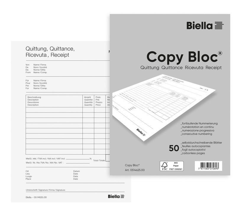 Biella Formularblock – Quittungen, mehrsprachig, 50 Blatt, A6