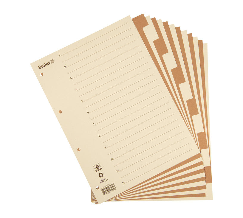 Biella Register – A4, 12-teilig, Karton, farbig, unbedruckt, mit Indexblatt, 4-fach gelocht