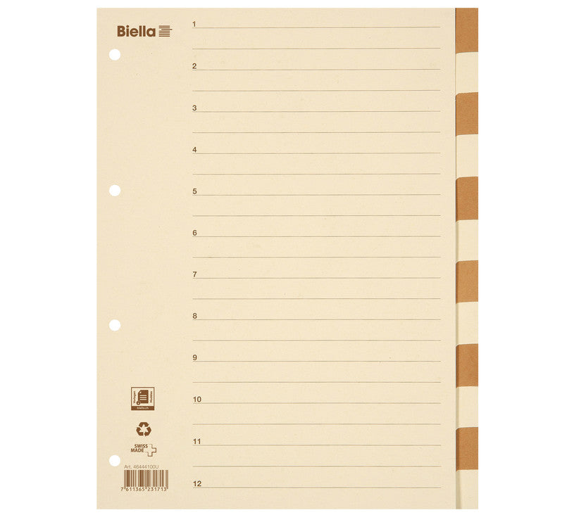 Biella Register – A4, 12-teilig, Karton, farbig, unbedruckt, mit Indexblatt, 4-fach gelocht