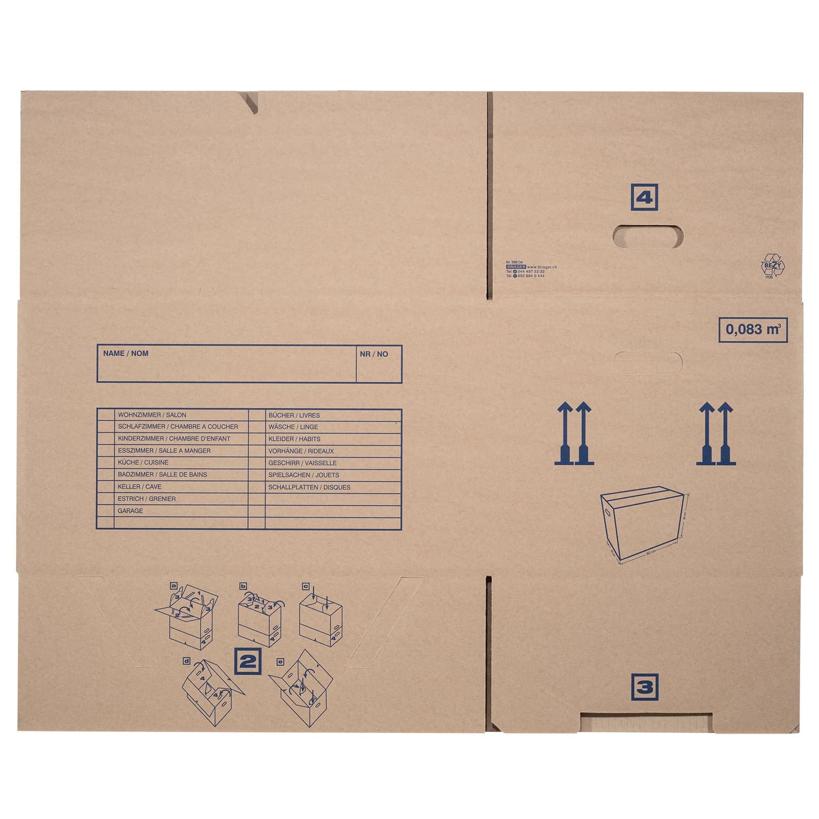 Brieger Versandkarton – 570 × 340 × 390 mm, 77 l, Deckel, Braun, mit Tragegriffen – 1 Stk.