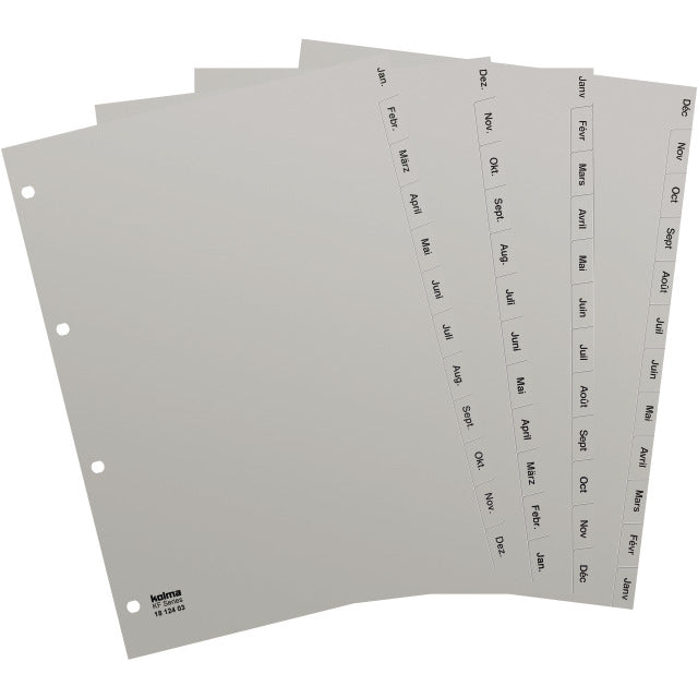 KolmaFlex Register – 12-teilig, PP, grau, vorgedruckt, 4-fach Lochung, für A4