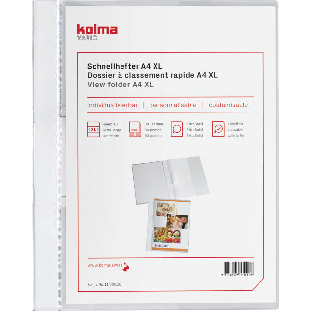 Kolma Schnellhefter Vario XL mit Zusatztasche – A4, PP, weiss, integrierte Abheftvorrichtung, Sichttasche