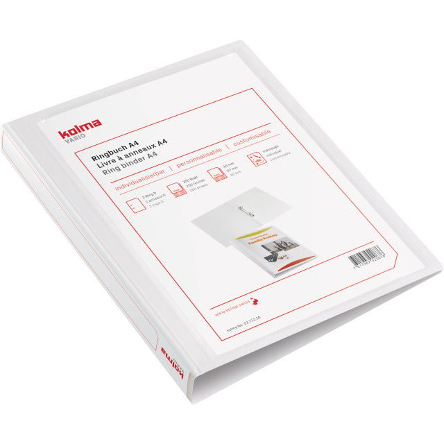 Kolma Zeigebuch – A4 Hochformat – 2-Ring Bügelmechanik, Ø 20 mm, Rücken 27 mm – Weiss, Kunststoff, mit Niederhalter