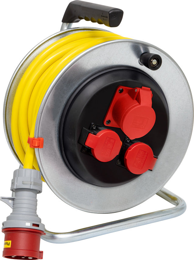 Brennenstuhl Kabelrolle, 25 m, 3×T25, IP55, Drehkontakt, Überhitzungsschutz, Eingang CEE 16-5 – Gelb