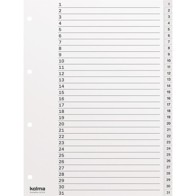 Kolma Register – A4, 31-teilig, PP, weiss, vorgedruckt, Indexblatt, 4-fach Lochung, für A4 hoch