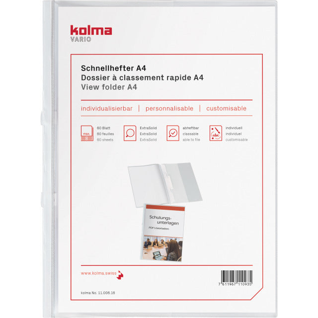 Kolma Vario Schnellhefter für A4, Kunststoff, Weiss – mit Sichttasche, mit Abheftvorrichtung – bis 60 Blatt