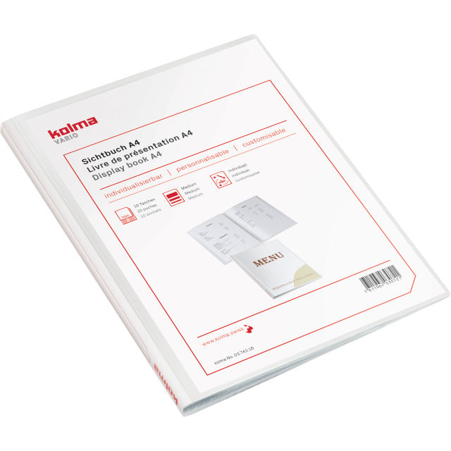 Kolma Sichtbuch – 10 Sichttaschen, A4, mit Fronttasche, glatt, glänzend, weiss, Kunststoff