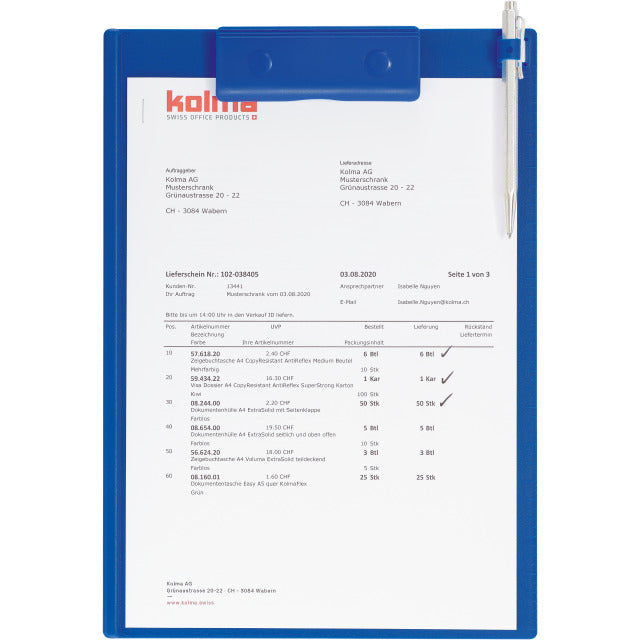 Kolma Paperclip Klemmbrett A4 – blau – mit Stifthalter, Massstab