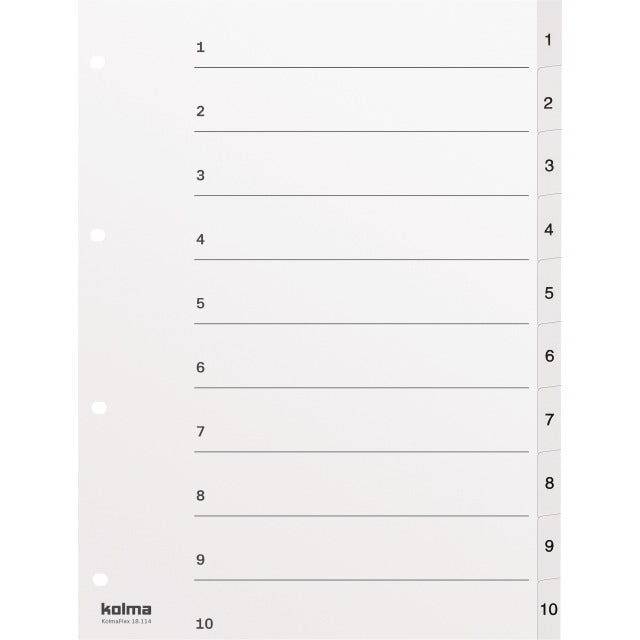 Kolma Register – A4, 10-teilig, PP, weiss, vorgedruckt, mit Indexblatt, 4-fach Lochung, für A4-Ordner