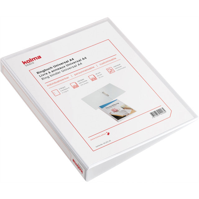 Kolma Zeigebuch – A4 Hochformat – 2-Ring Bügelmechanik, Ø 25 mm, Rücken 40 mm – Weiss, Kunststoff, mit Sichttasche