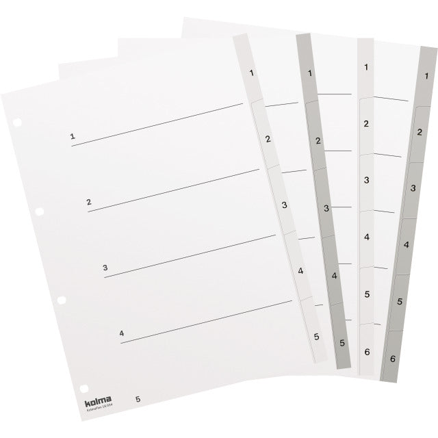 Kolma Register – A4, 6-teilig, PP, weiss, vorgedruckt, mit Indexblatt, 4-fach Lochung, für A4-Ordner