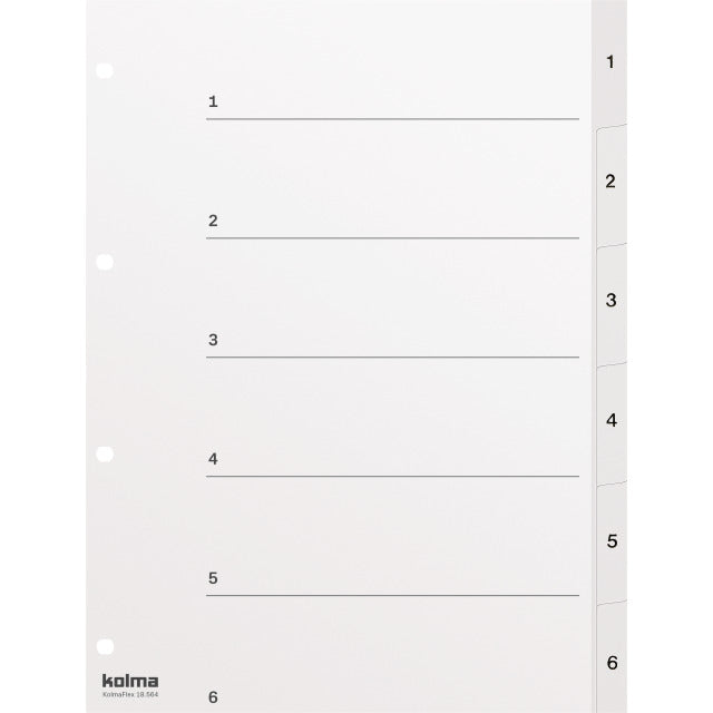 Kolma Register – A4, 6-teilig, PP, weiss, vorgedruckt, mit Indexblatt, 4-fach Lochung, für A4-Ordner