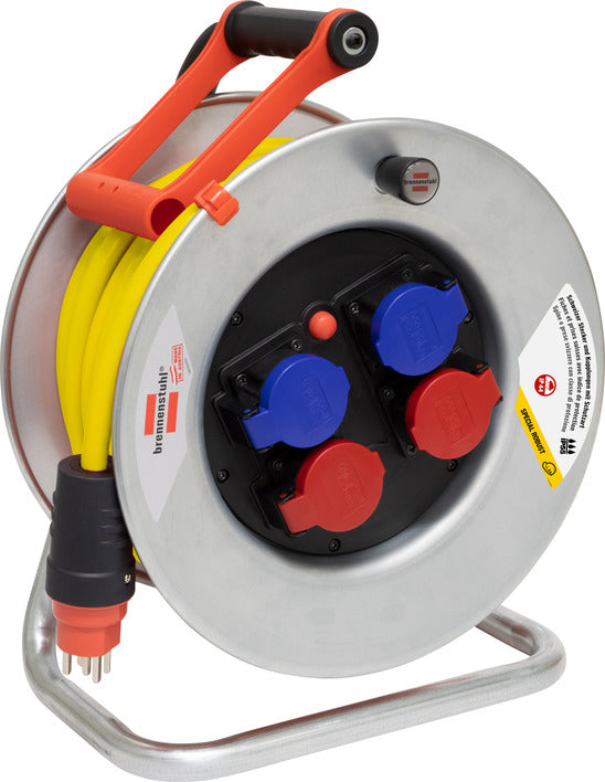 Brennenstuhl Kabelrolle, 25 m, 4×T23, IP55, Drehkontakt, Überhitzungsschutz, Stecker T25 – Gelb