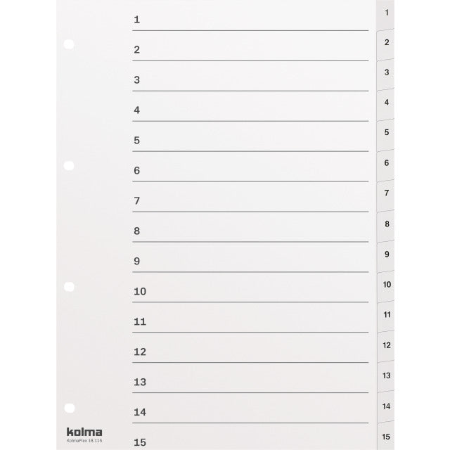 KolmaFlex Register – A4, 15-teilig, PP, weiss, vorgedruckt, 4-fach Lochung, mit Indexblatt