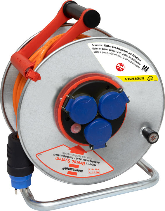 Brennenstuhl Kabelrolle, 50 m, 3×T13, IP55, Drehkontakt, verzinktes Traggestell, Eingang T12 – orange