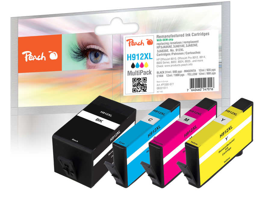 Peach Tintenpatronen-Multipack 912XL (3YP34AE), CMYK, XL, 4er-Pack, kompatibel – für HP OfficeJet 8010