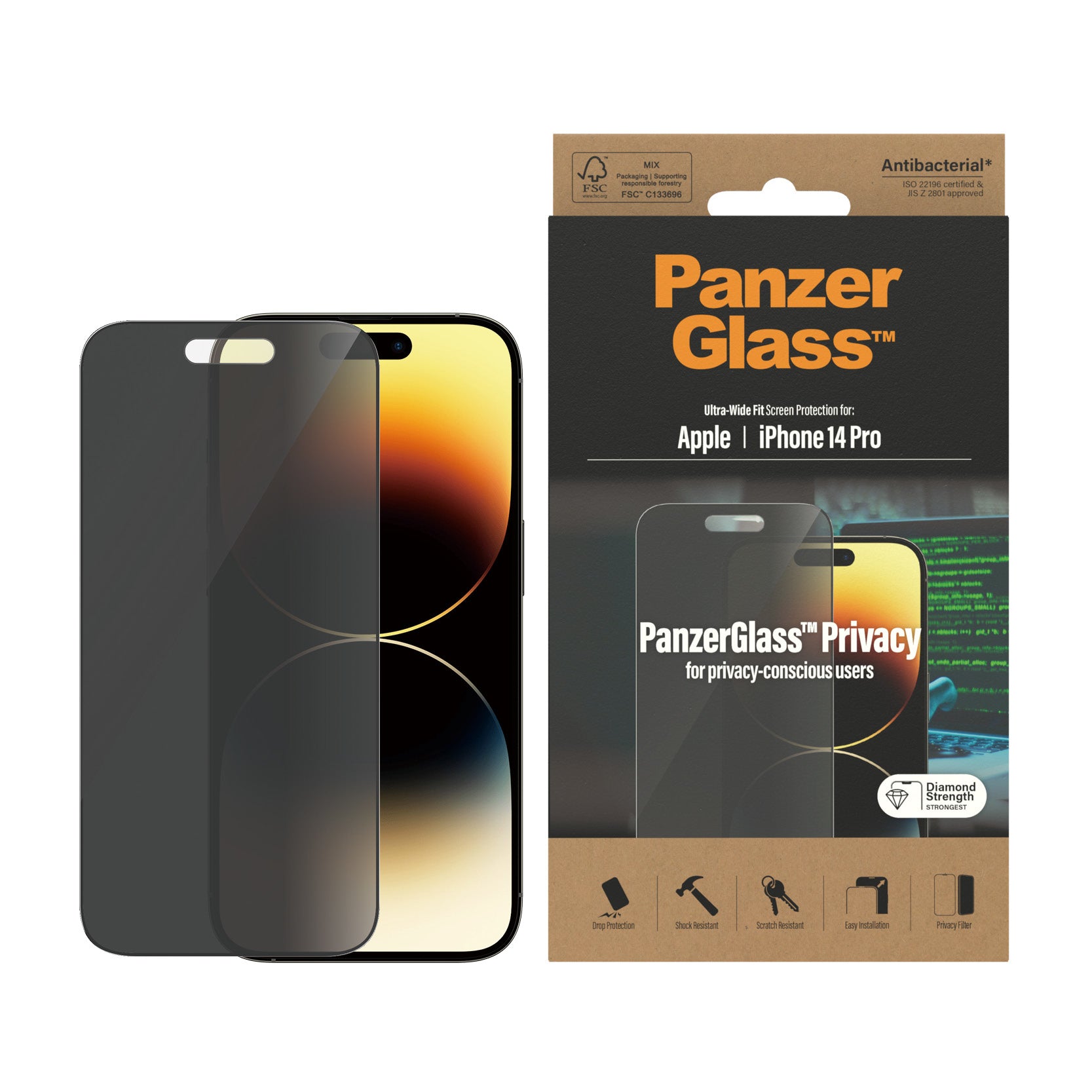 PanzerGlass Privacy-Filter (Panzerglas), Ultra-Weit Passform – für iPhone 14 Pro