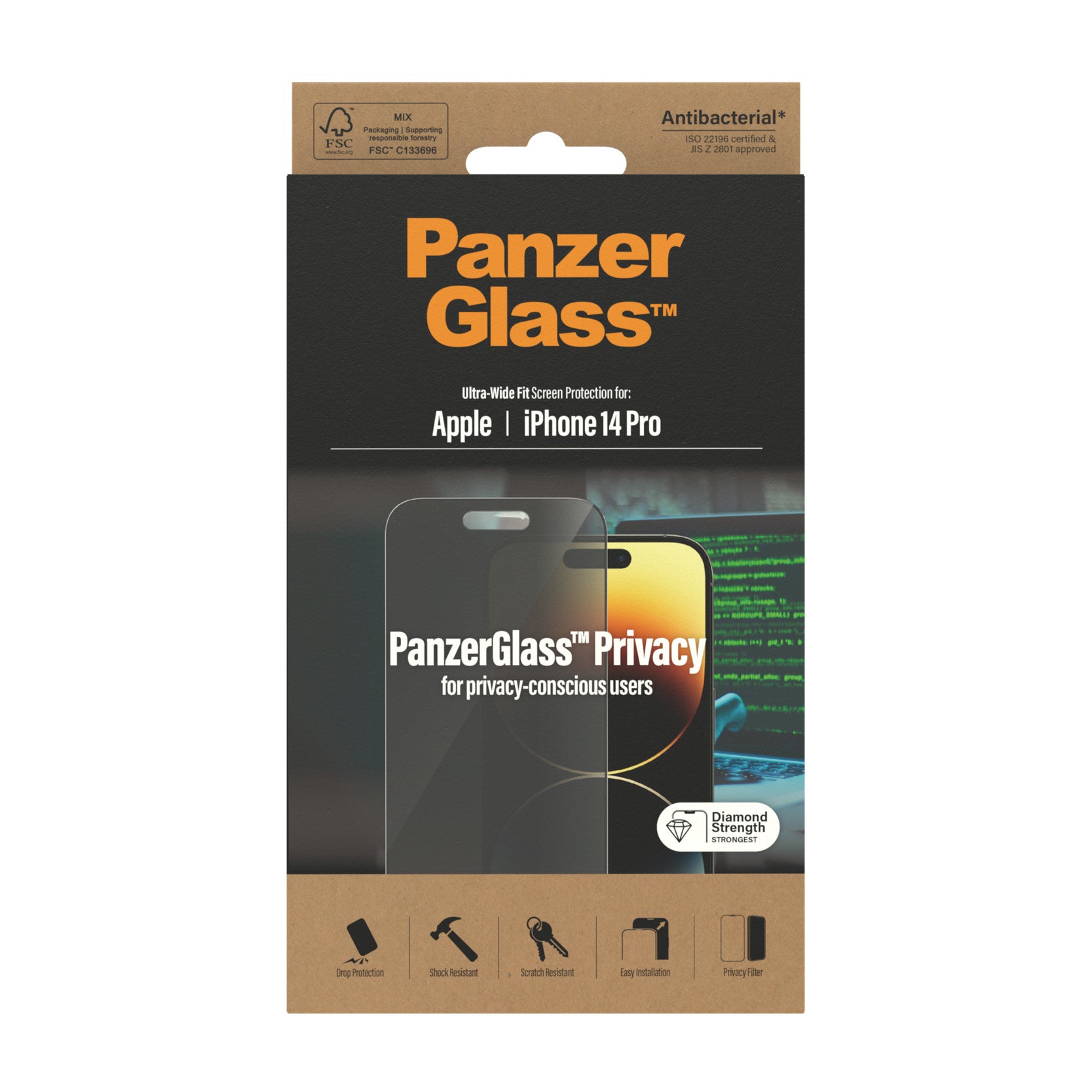PanzerGlass Privacy-Filter (Panzerglas), Ultra-Weit Passform – für iPhone 14 Pro