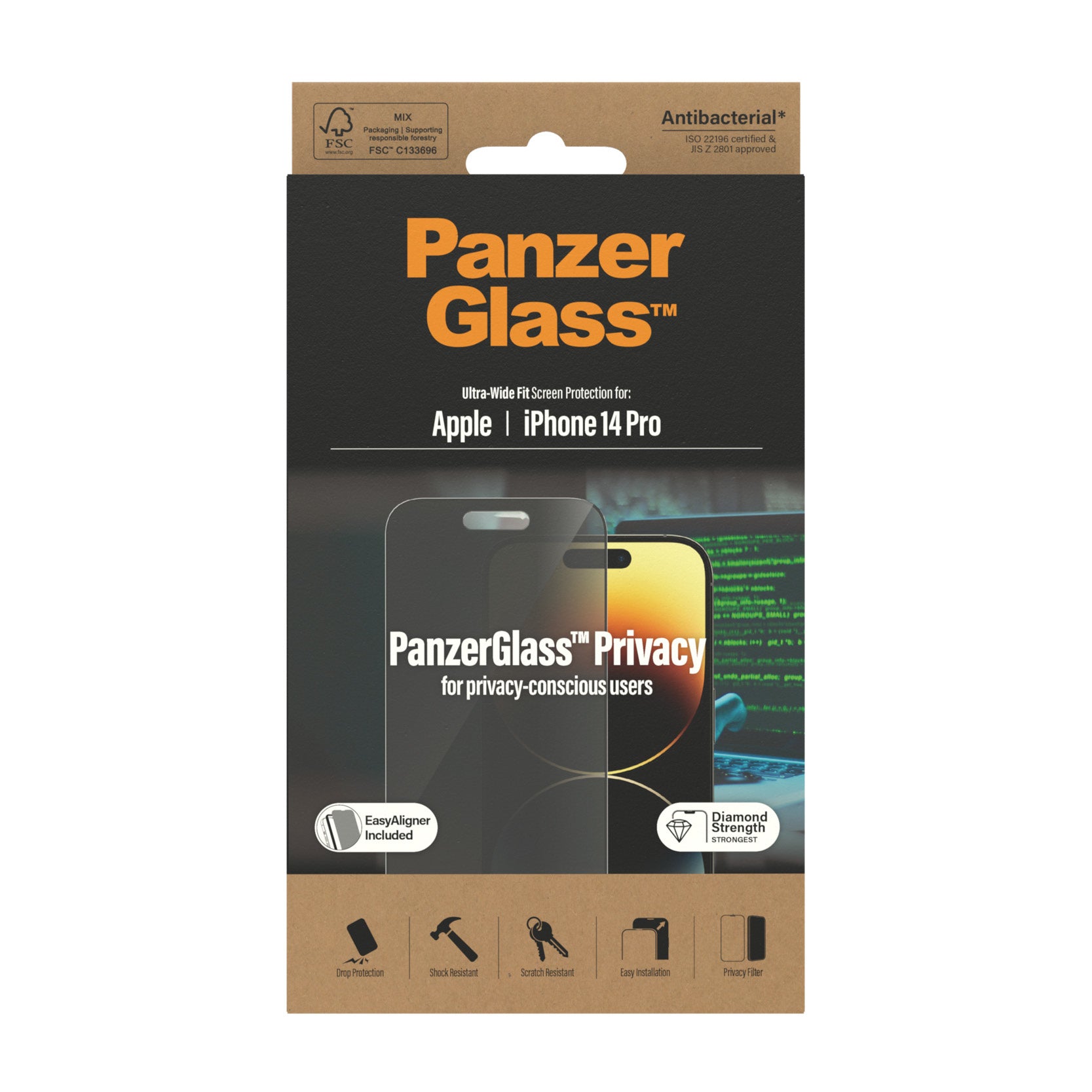 PanzerGlass Privacy-Filter (Panzerglas), Ultra-Wide Fit – für iPhone 14 Pro – mit Applikator