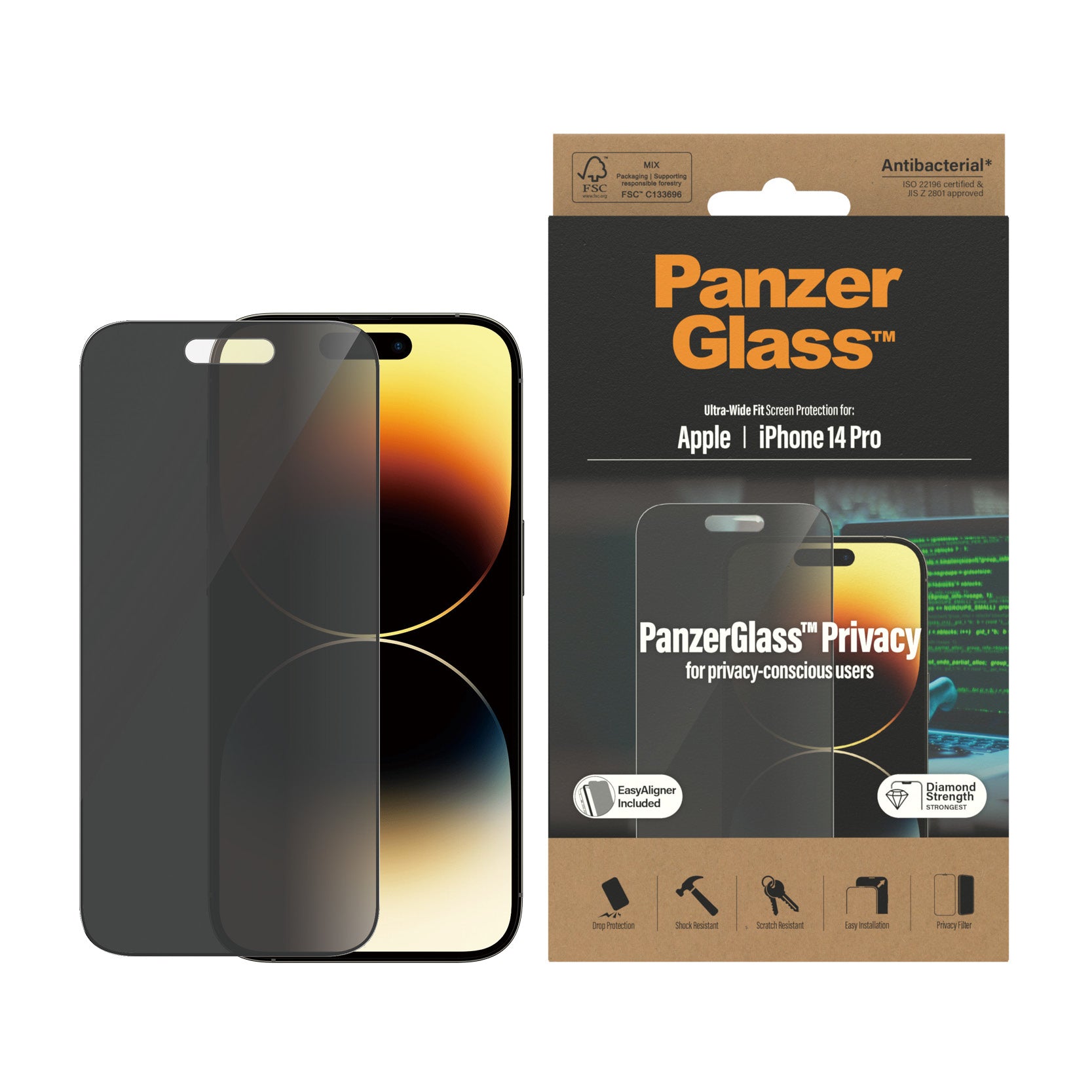 PanzerGlass Privacy-Filter (Panzerglas), Ultra-Wide Fit – für iPhone 14 Pro – mit Applikator