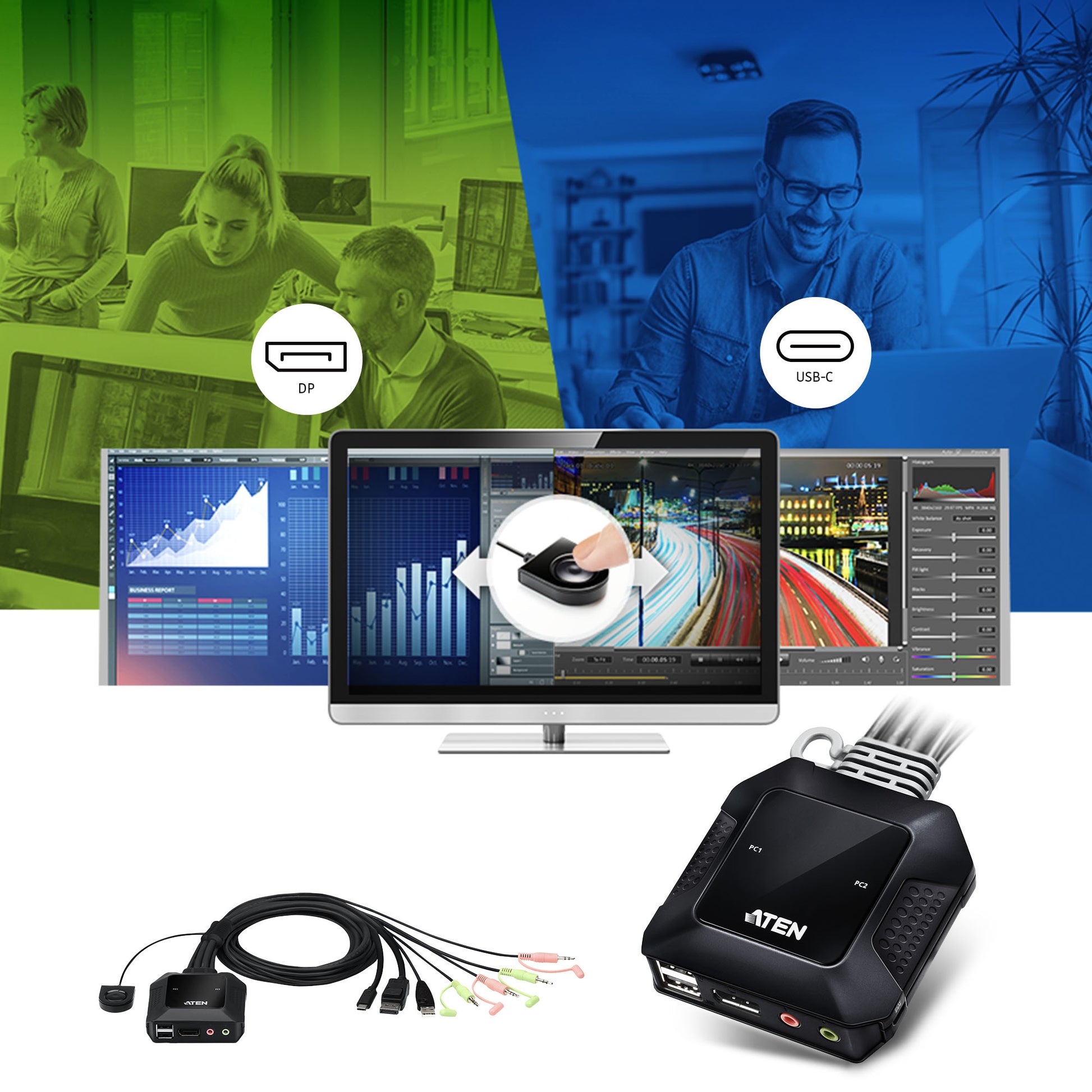 ATEN 2-Port DisplayPort KVM-Switch – 4096 × 2160, USB-C/USB-A Konsole, Audio