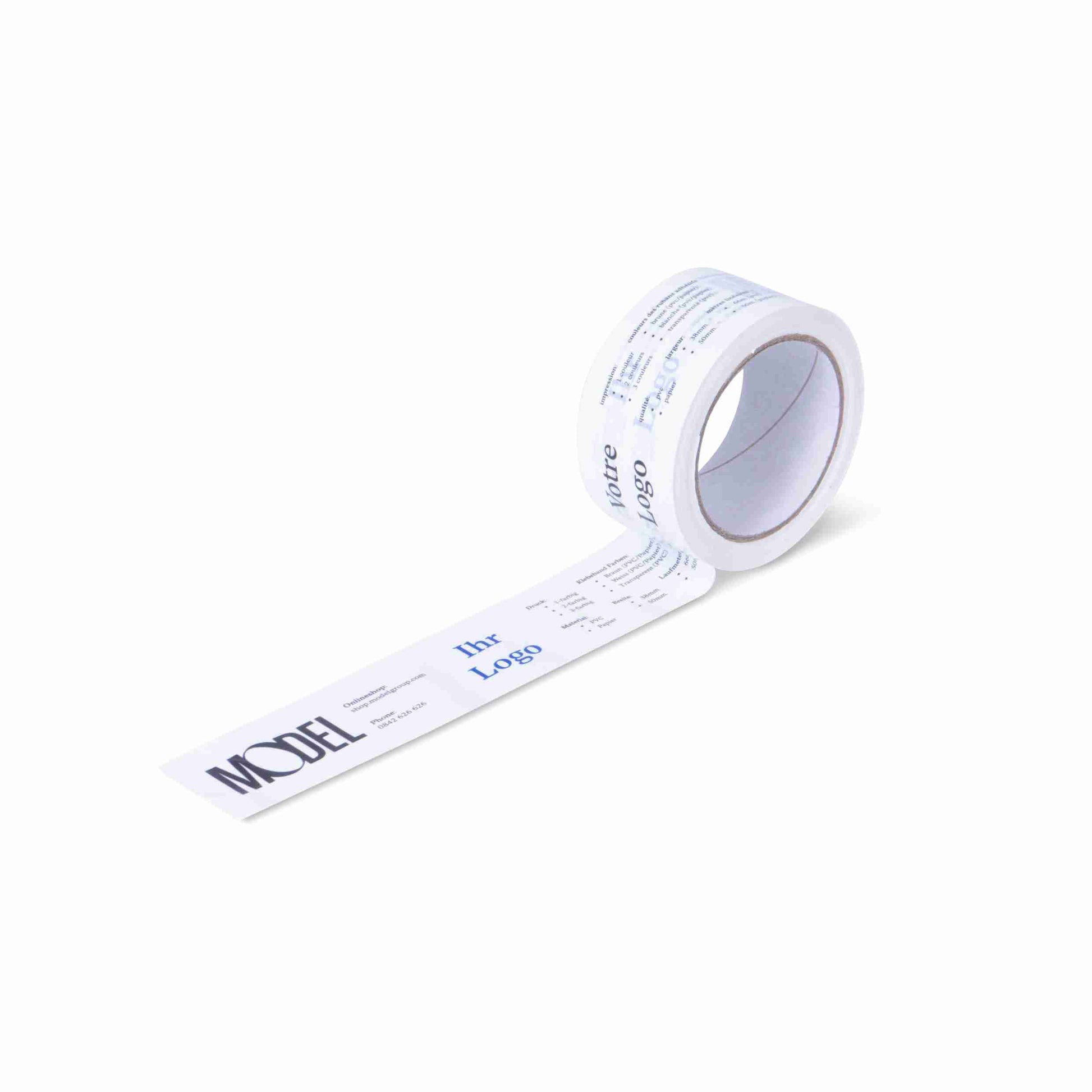 Verpackungsklebeband, PVC, weiss, 3-farbig bedruckt – 50 mm × 66 m – 1 Stk., ab 252 Stk.
