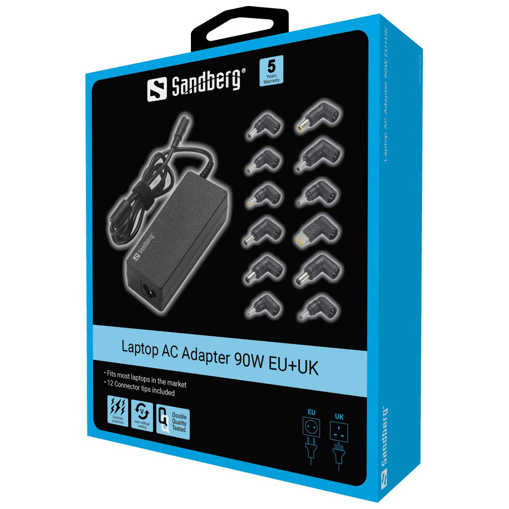 Sandberg 135-78 Netzteil 90 W – 15–20 V, 6 A – EU-Stecker (Typ C), UK-Stecker (Typ G) – für Laptop – Schwarz