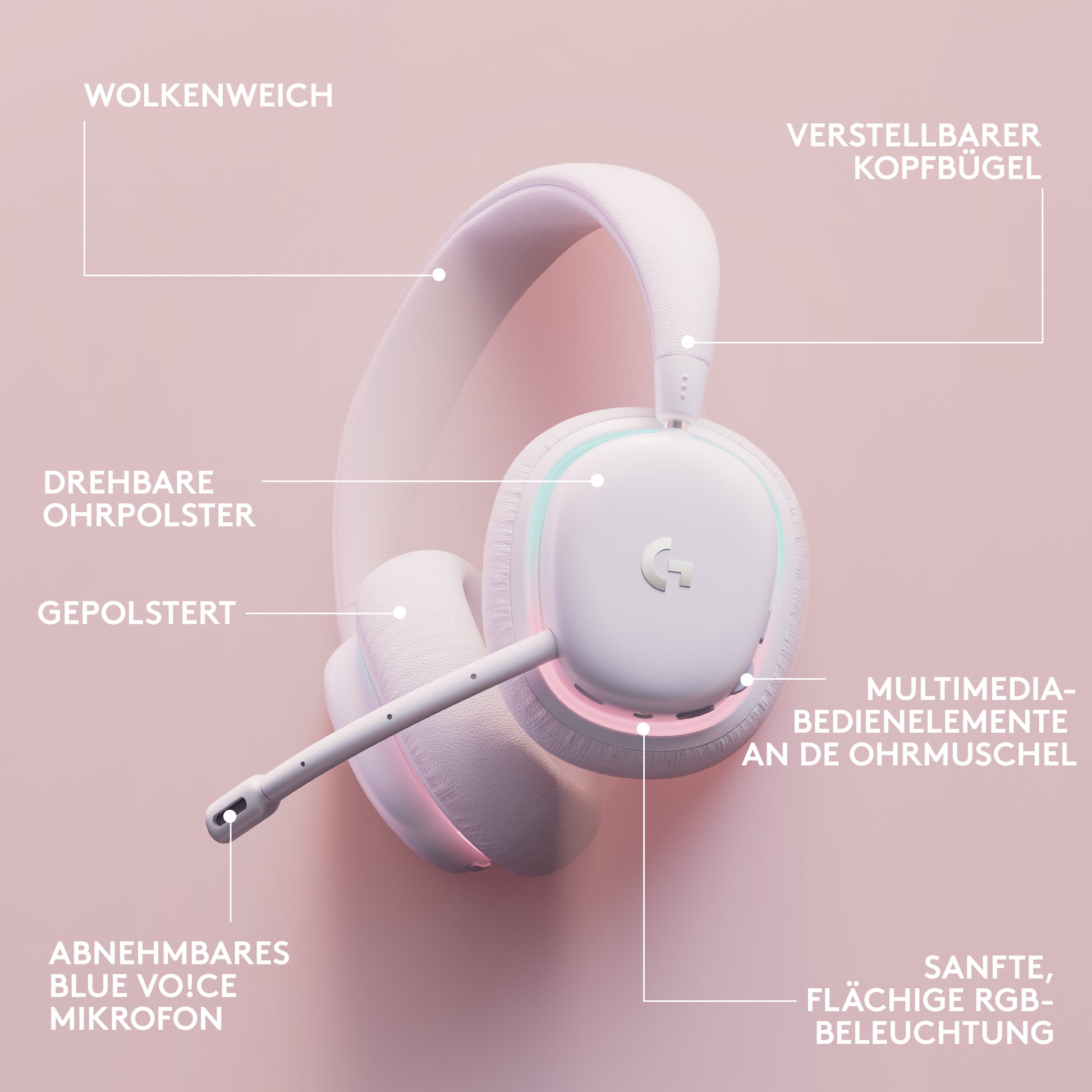 Logitech G G735 Gaming-Headset – Over-Ear, Stereo, Kabel + BT, mit USB-A-Dongle, Weiss