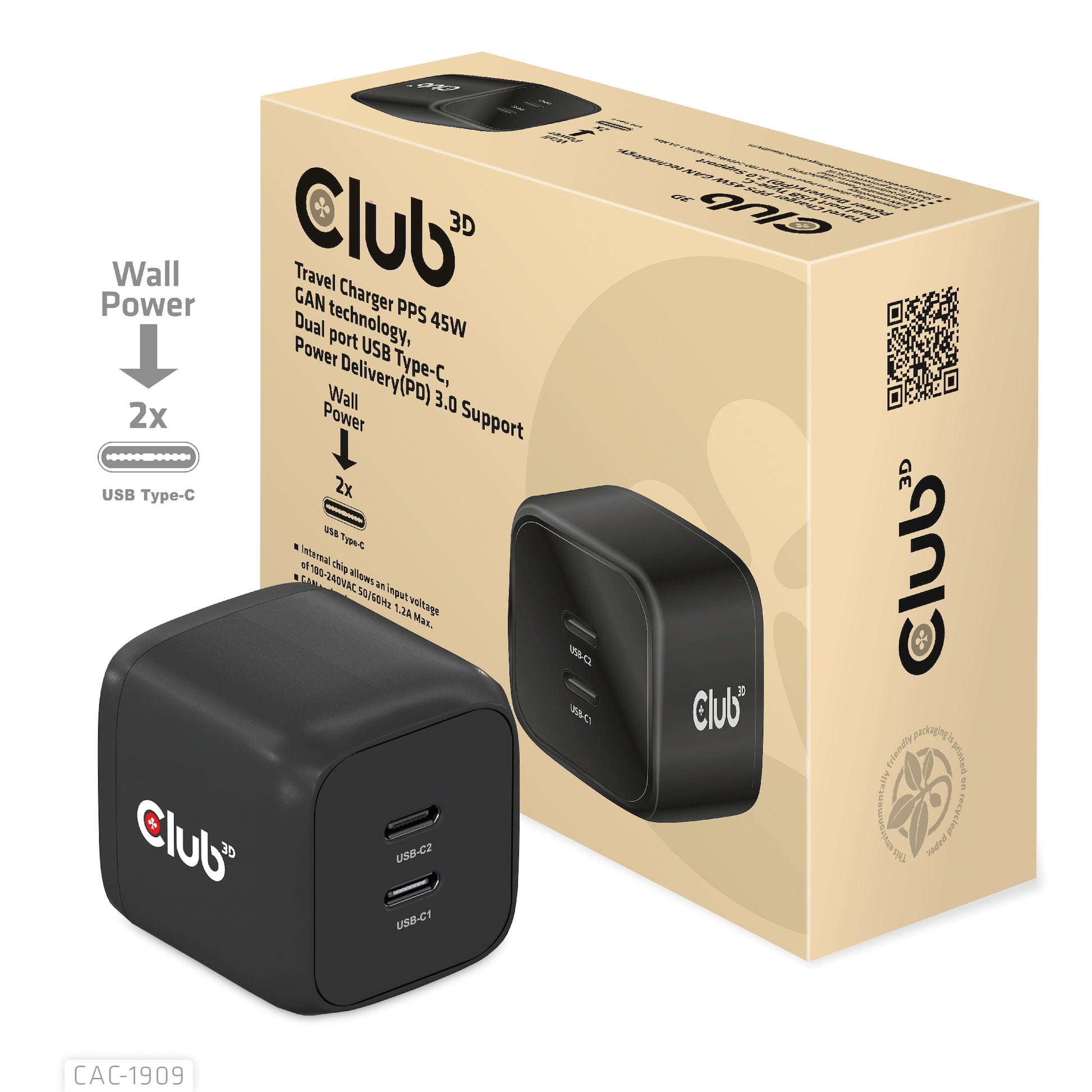 CLUB3D Club 3D USB-Ladegerät 100 W – USB-C×2 – PD, PPS, GaN
